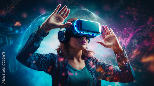 Young woman with virtual reality googles in a futuristic space, VR, science, technlogy  photo