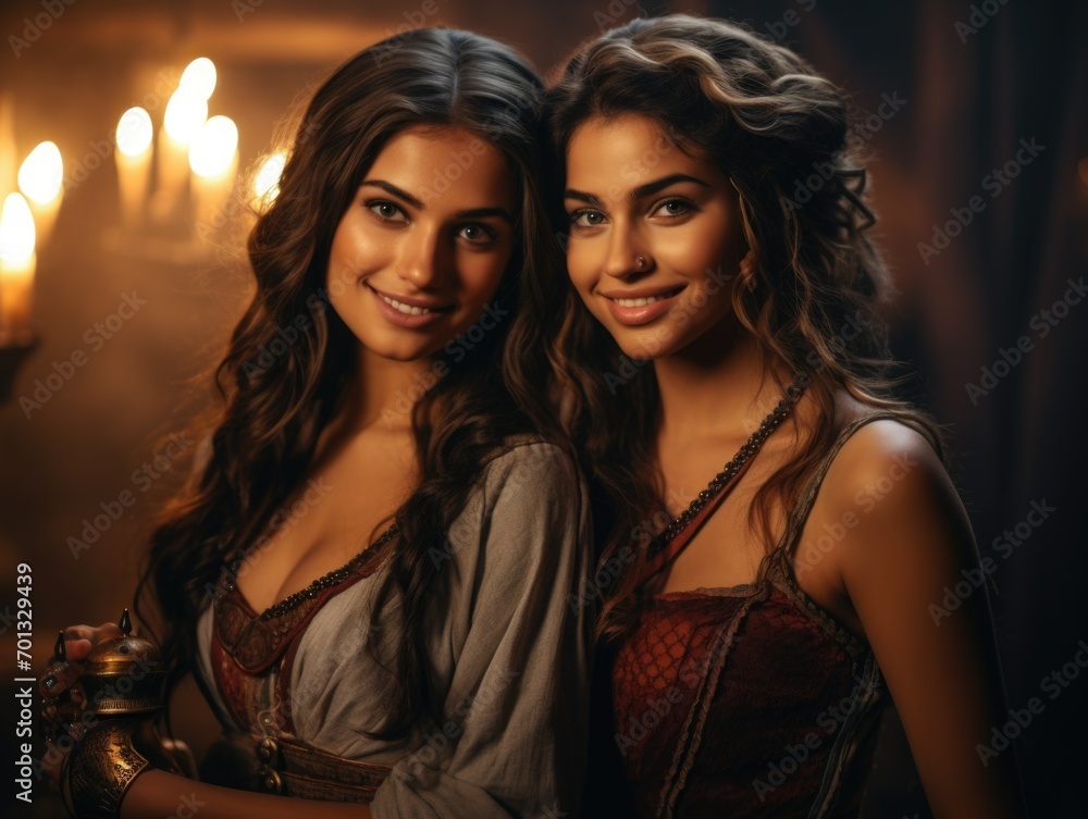 Two Medieval beauty girls in a corset, standing among candles