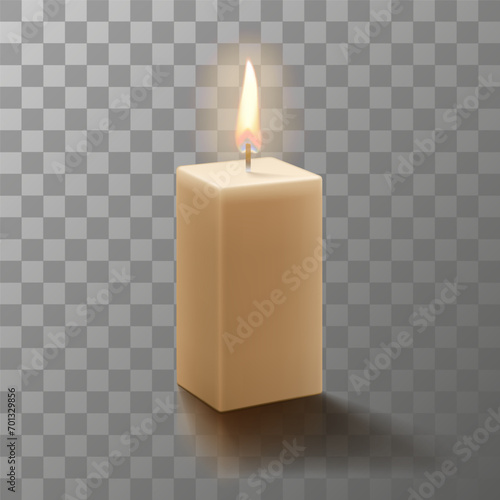 Burning rectangular wax candle. isolated on transparent background. Mockup, Realistic 3d vector illustration. Calming candle. Natural essential candle. Aromatherapy, wellness and relax in spa product.