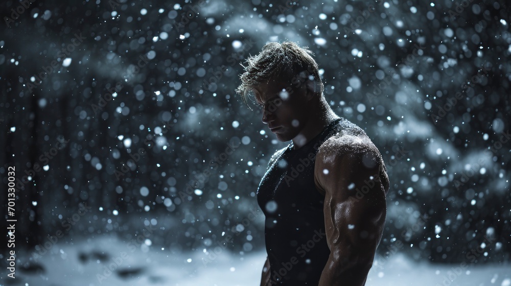 A body building man in the snow at the night time
