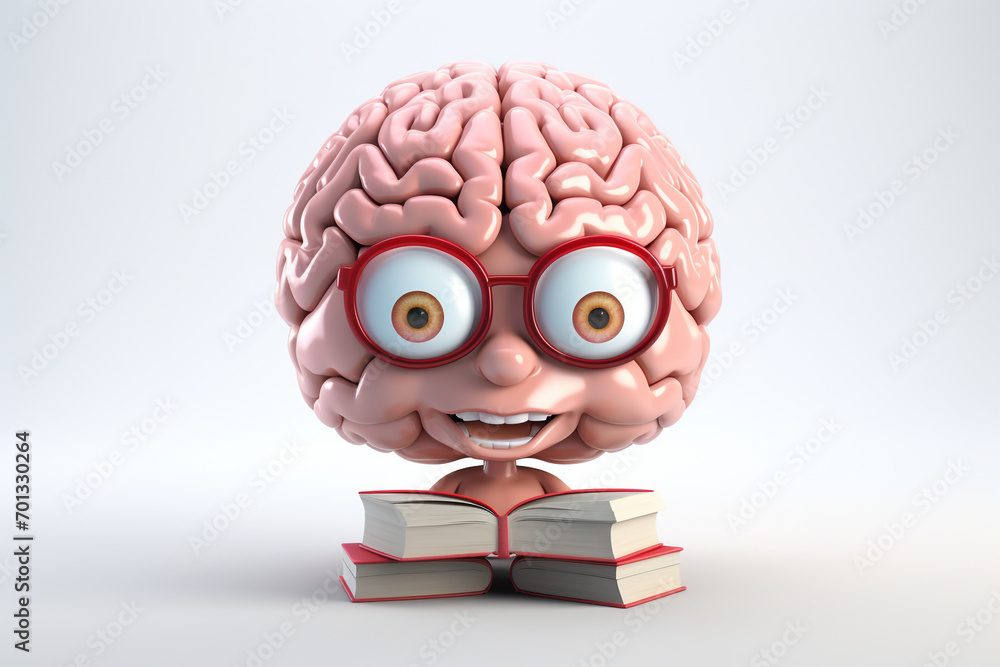 Cute Smart Brain Reading A Book 3D illustration white background