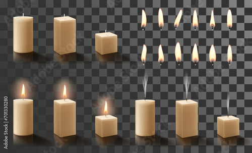 Set of wax round cylindrical and rectangular candles with candles flames different shapes isolated on transparent background. Candlelight, aromatherapy, meditation. Realistic 3d Vector illustration.