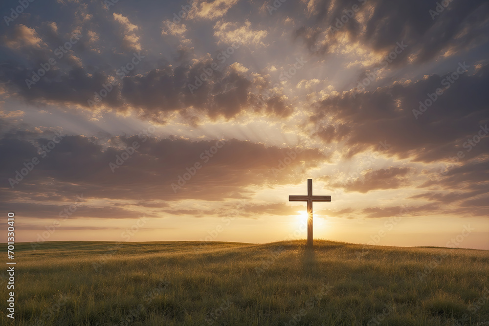 Holy Christian cross on the top of a hill at sunset and dawn in the rays of the sun. Easter Sunday concept.