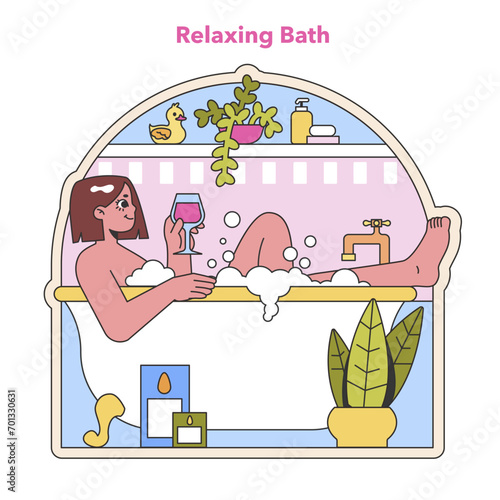 Blissful bath time scene. A serene illustration capturing the luxury of a leisurely bath with a glass of wine and ambient candlelight. The essence of relaxation and self-care. Flat vector illustration