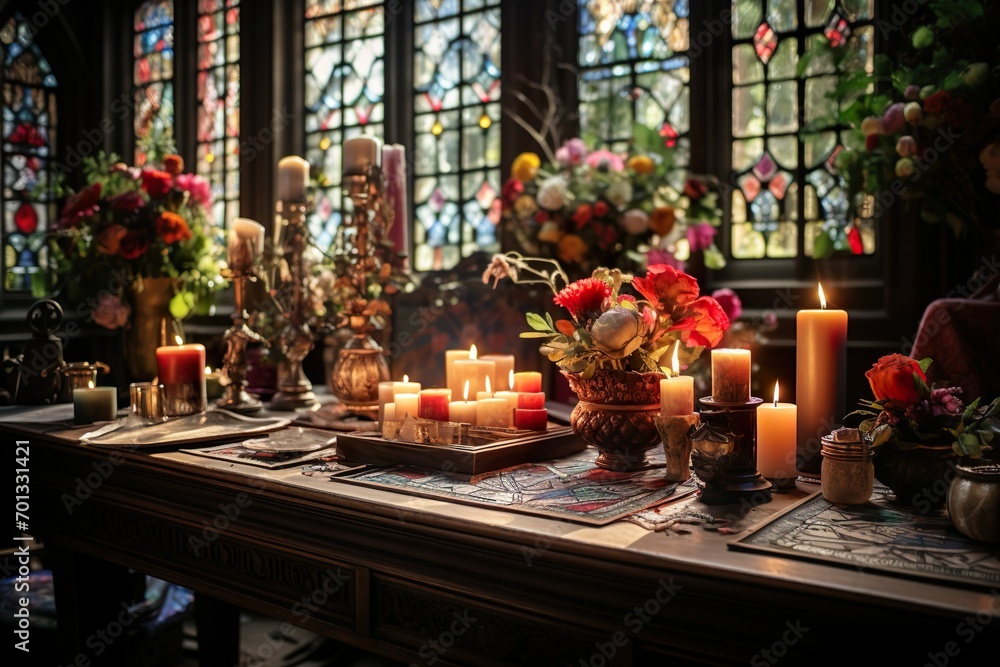 Beautiful flowers and candles on the cathedral table