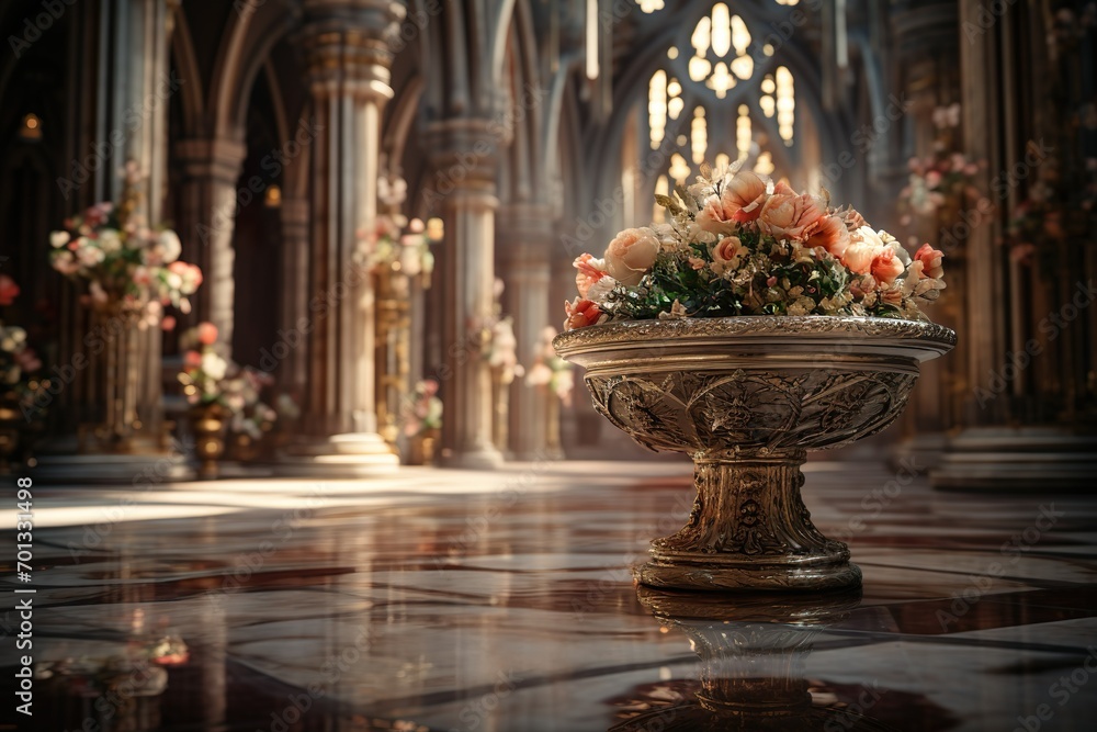 A dramatic photo of a colorful vase in an old-fashioned cathedral.