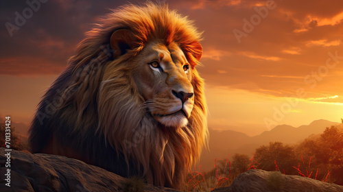 A portrait of a noble lion, symbolizing strength and courage, set against the backdrop of a majestic African savanna at sunset Ai Generative