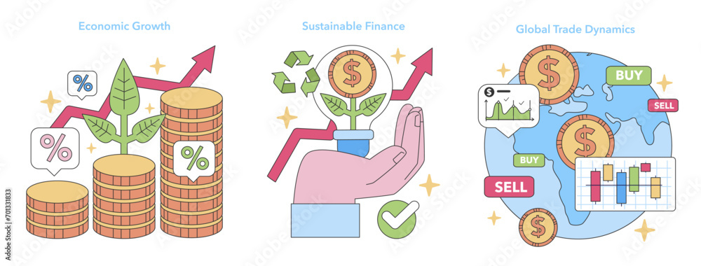 Financial Visions set. Depicts economic growth, sustainable finance, and global trade. Interconnectivity of money, environment, and markets. Flat vector illustration.