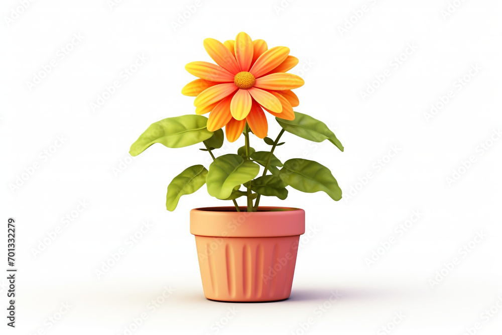 decorative flower in a pot isolated on white background, 3D illustration