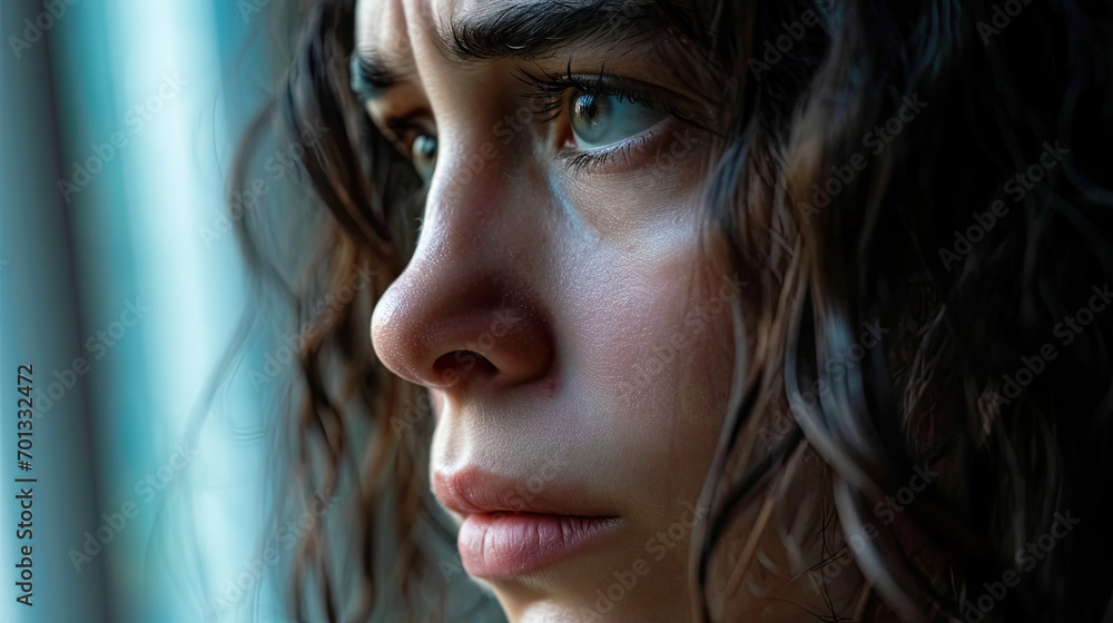 Close up Sad depressed desperate grieving crying woman close to the window Close up Sad depressed desperate grieving crying woman close to the window
