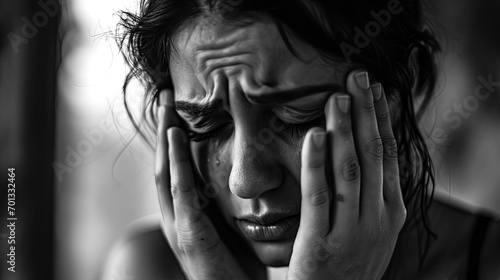 Close up Sad depressed desperate grieving crying woman close to the window