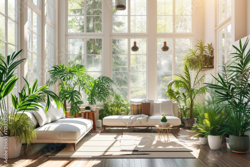 Interior of modern minimalist living room with many houseplants