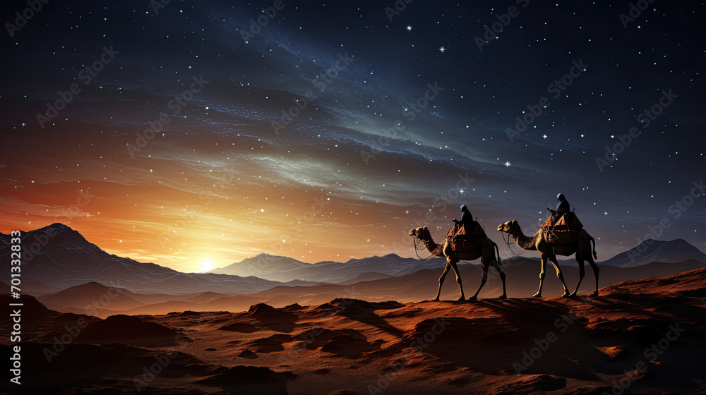 Naklejka premium Silhouette of two wise men riding a camel along the stars in the desert