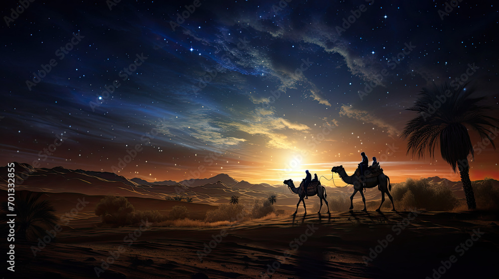 Silhouette of two wise men riding a camel along the stars in the desert