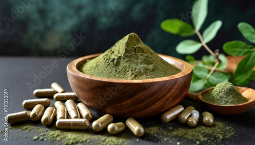 Wooden bowl of moringa powder and capsules on the table. Superfood, dietary supplement.