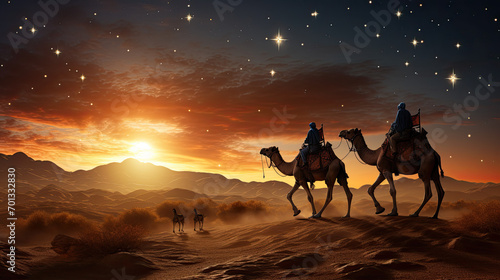 Silhouette of two wise men riding a camel along the stars in the desert