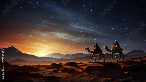 Silhouette of two wise men riding a camel along the stars in the desert