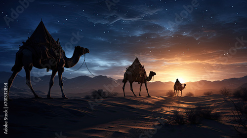 Silhouette of two wise men riding a camel along the stars in the desert