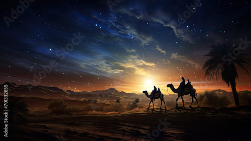 Silhouette of two wise men riding a camel along the stars in the desert photo