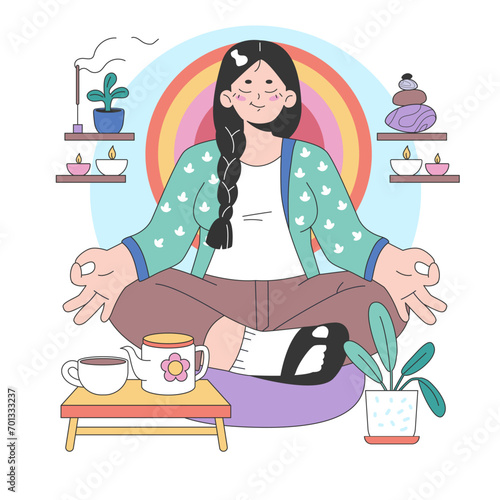 Meditation moment in a cozy corner. A woman finds inner peace amidst her urban setting, surrounded by calming decor and a tea set. Serenity in the city. Flat vector illustration