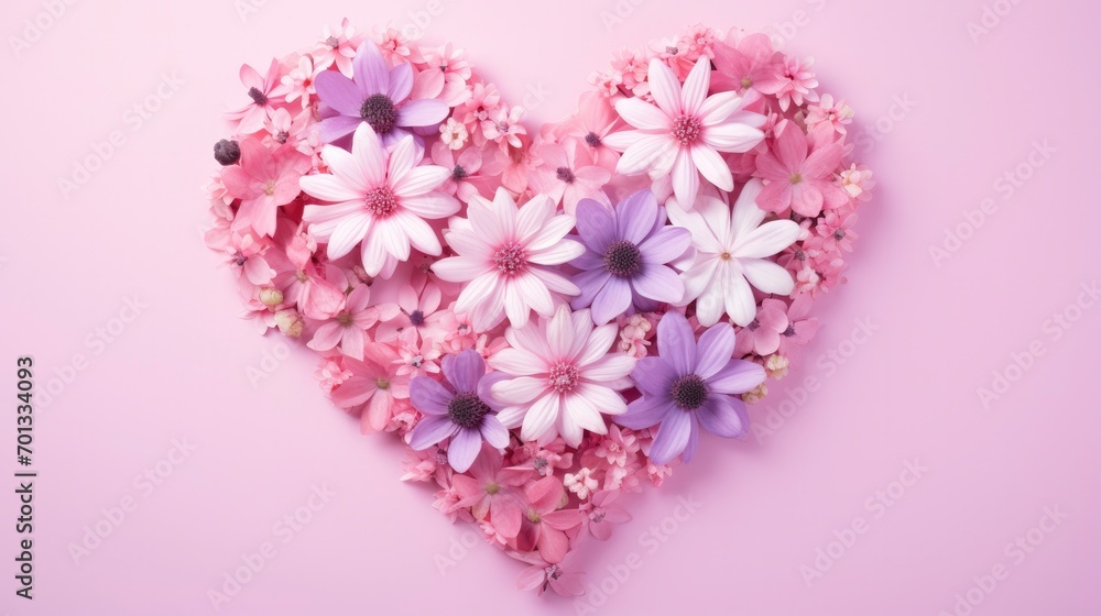 Heart shape made of pink flowers against pastel pink background Heart shape made of pink flowers against pastel pink background