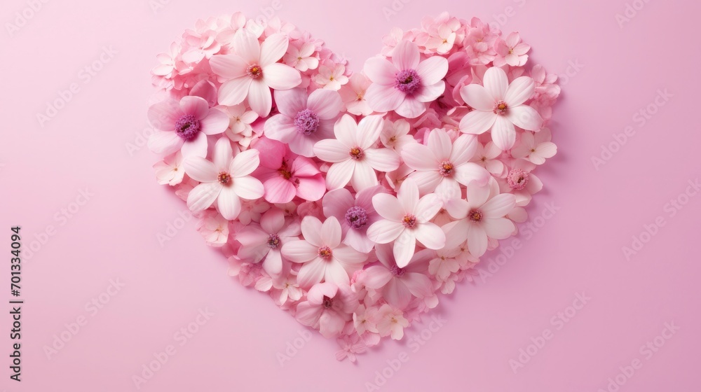 Heart shape made of pink flowers against pastel pink background