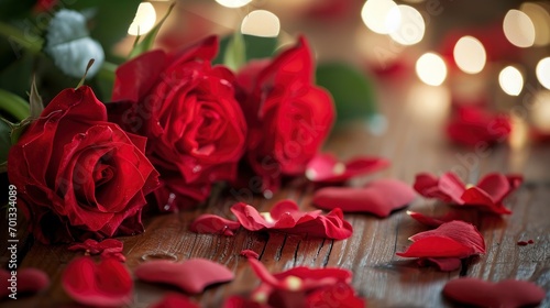 A bunch of red roses sitting on top of a wooden table