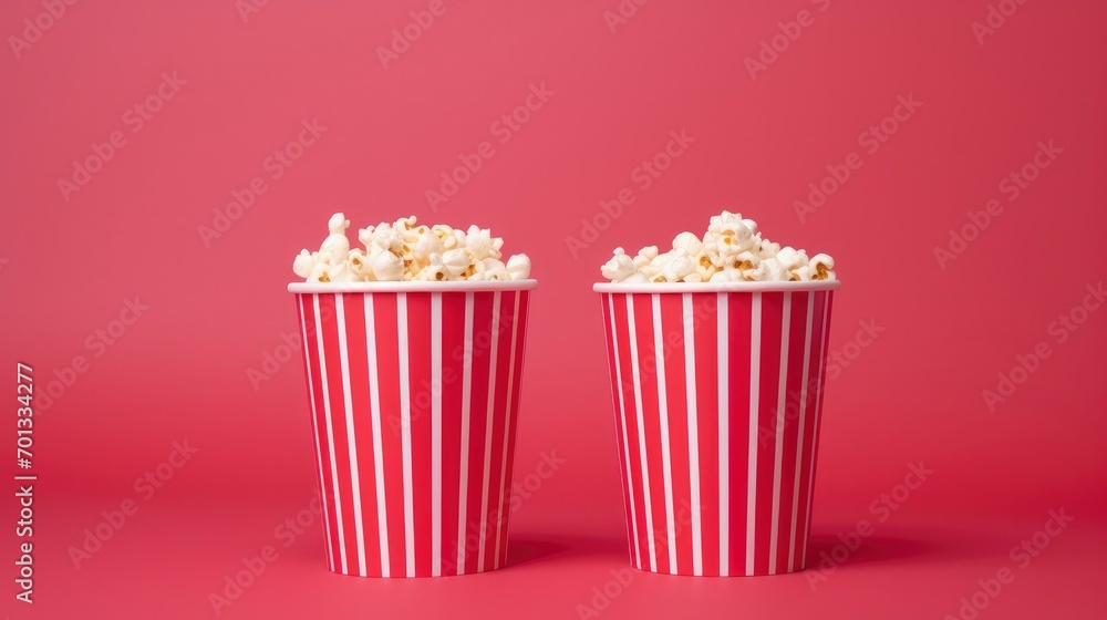 Paper striped bucket with popcorn on red background Paper striped bucket with popcorn on red background