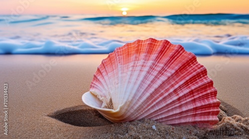 conch seashell laying at the beach at sunset with waves