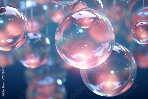 Floating translucent spheres arranged in an abstract shape.
