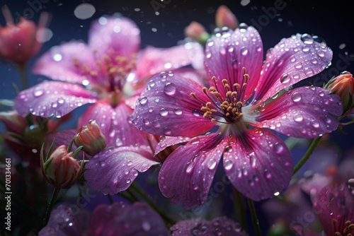 Fresh flowers adorned with glistening water droplets.
