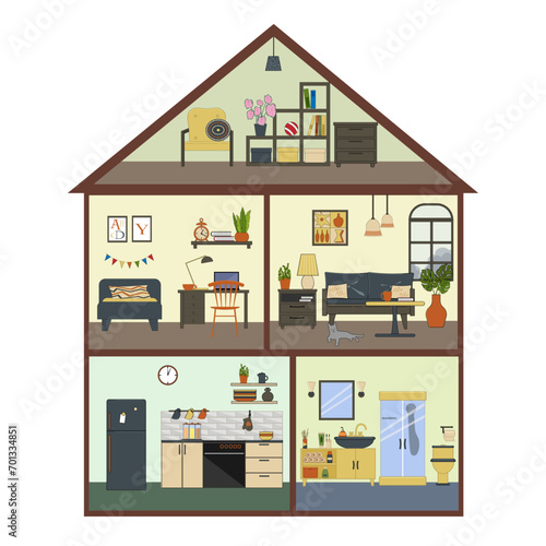 Sectional view of a doll house. Five sections with an attic. Vector flat illustration. Dollhouse interior concept. Living room and bedroom, bathroom and kitchen. For covers and brochures, games for