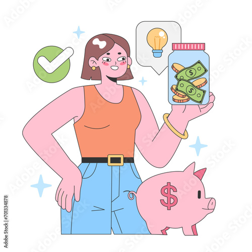 Financial Empowerment concept. Confident woman showcasing saved money in a jar, with a piggy bank and lightbulb idea, indicating smart savings and investment. Flat vector illustration