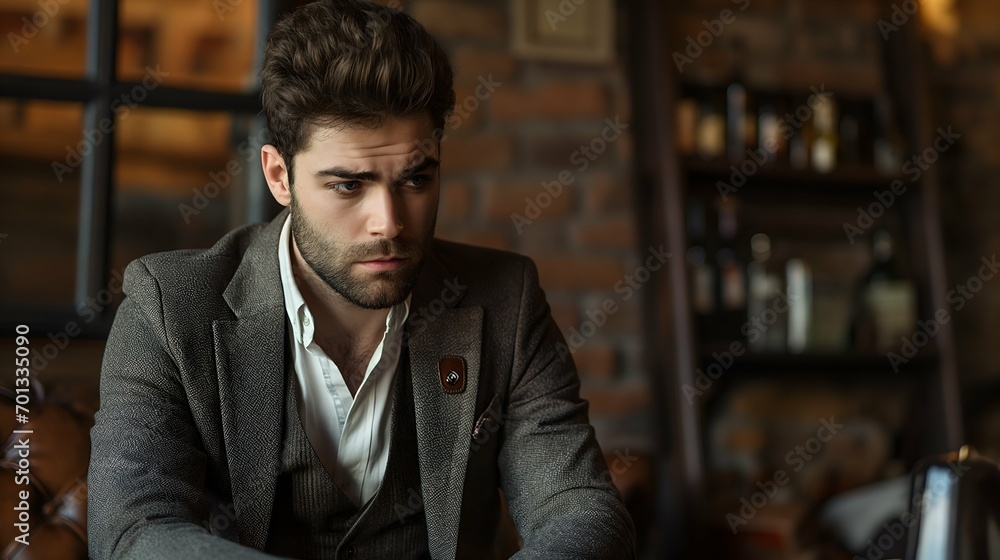 Serious young businessman sitting in cafe and looking at camera. Handsome young man in suit looking at camera with serious expression. Business concept Serious young businessman sitting in cafe and looking at camera. Handsome young man in suit looking at camera with serious expression. Business concept