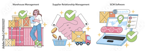 Integrated supply chain network set. Dynamic warehouse management, fostering robust supplier partnerships, advanced SCM software for real-time logistics. Systematic coordination for business agility.