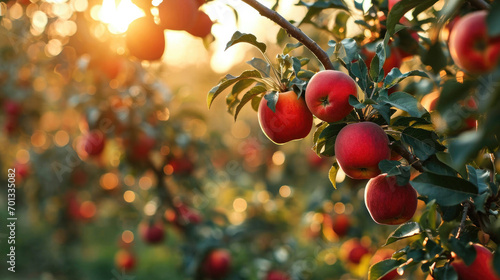 Ripe peaches hanging from branches in a sunlit orchard, with a warm golden glow of the sunset in the background.