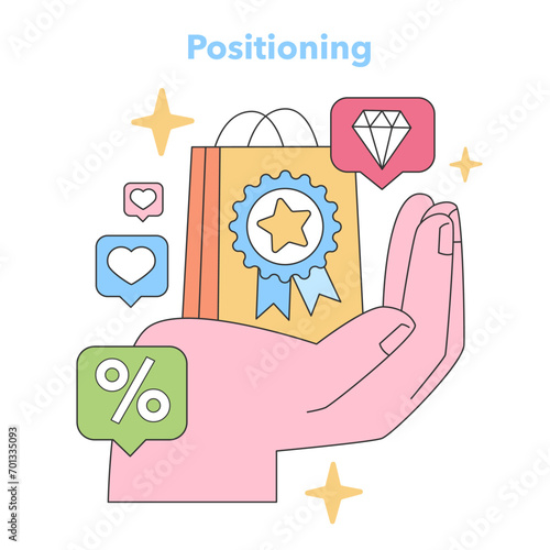 Positioning concept. A hand presents a branded bag, accentuating premium quality, customer loyalty, and special offers. Emphasizing brand value and superior market stance. Flat vector illustration