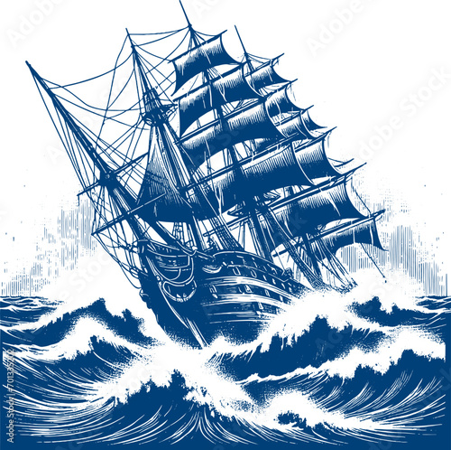 a large ancient sailing ship sails in a stormy sea vector engraving drawing photo