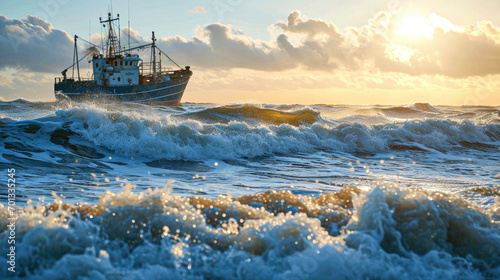 A fishing boat braving the rough north sea waves under a dramatic sky at sunrise © mashimara