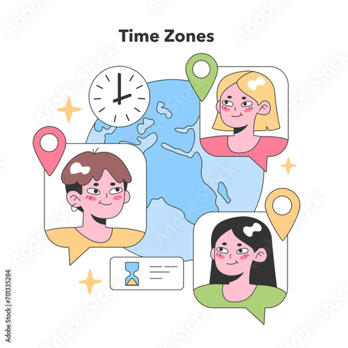 Global teammates interact across time zones, highlighted by map pins and clocks, showcasing worldwide virtual collaboration. Flat vector illustration