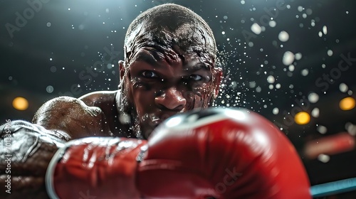 A heavyweight boxer in the peak intensity of the fight  showcasing determination and skill. A moment capturing the essence of boxing s drama. Generative AI
