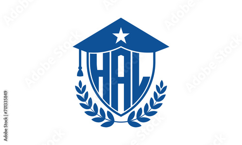 HAL three letter iconic academic logo design vector template. monogram, abstract, school, college, university, graduation cap symbol logo, shield, model, institute, educational, coaching canter, tech