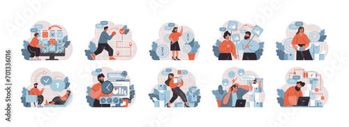 Corporate tasks and teamwork set. A compilation of vectors showcasing professionals in goal-setting, strategic planning, and interactive problem-solving sessions. Flat vector illustration pack.