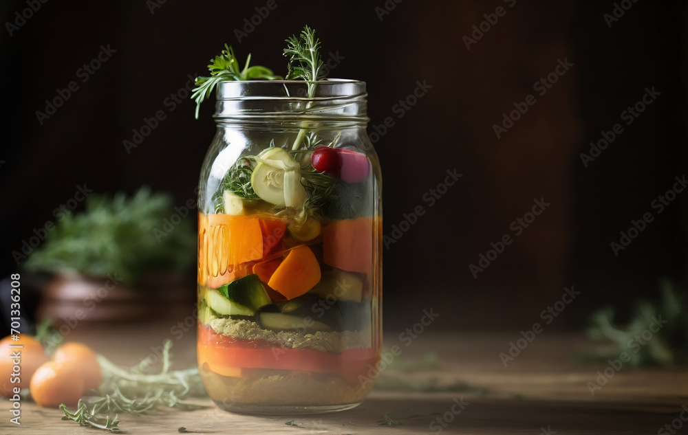 Homemade pickled vegetables in a glass jar on a wooden table Homemade pickled vegetables in a glass jar on a wooden table