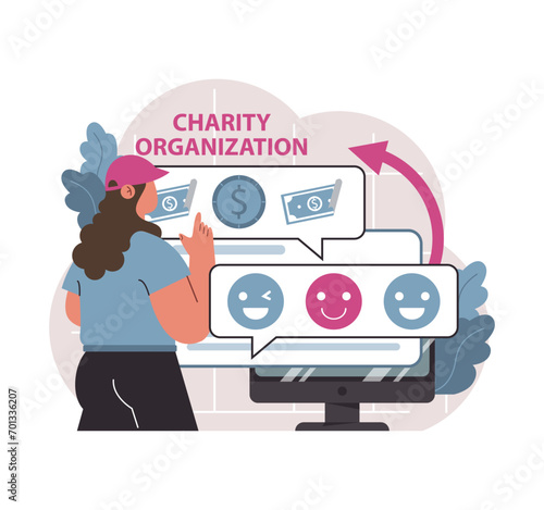 Online charity and charitable foundation. Web service to help people in need. Humanitarian aid, donations, volunteers or non-governmental, nonprofit organizations support. Flat vector illustration