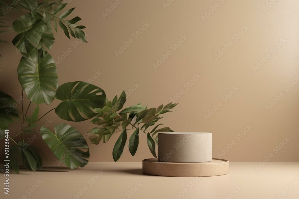 Empty podium on beige background with green leaves. Natural product display. Eco-friendly showcase for new products and promotion. Generative AI