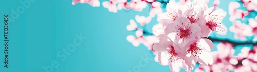 Blossoming apricot tree branches with copy space web banner. spring time concept. photo
