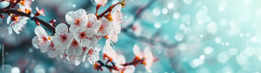 Blossoming apricot tree branches with copy space web banner. spring time concept. - obrazy, fototapety, plakaty 