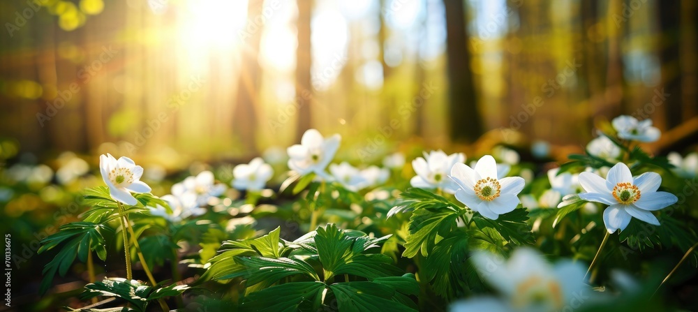 Beautiful white flowers of anemones in spring in a forest close-up in sunlight in nature. Spring forest landscape with flowering primroses. - obrazy, fototapety, plakaty 