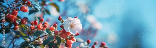 Beautiful spring border, blooming rose bush on a blue background. Flowering rose hips against the blue sky. Soft selective focus